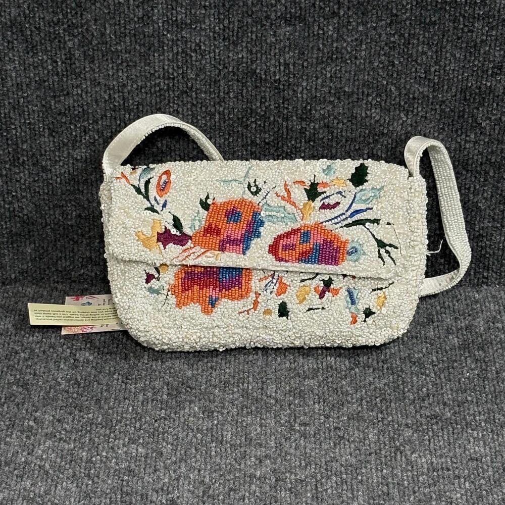 Beaded Shoulder Bag Womens Small White Floral Handcrafted India Party Evening